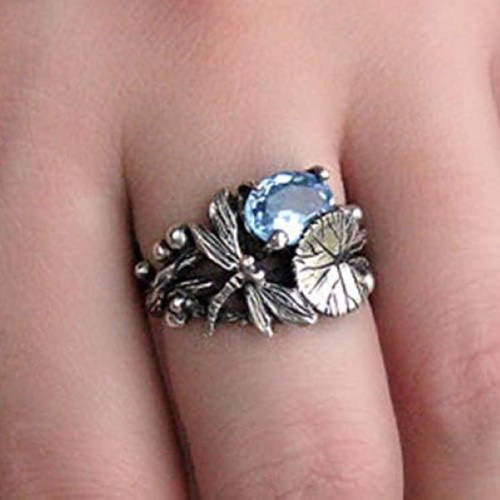 Fashion women's ring with blue topaz and dragonfly, new
