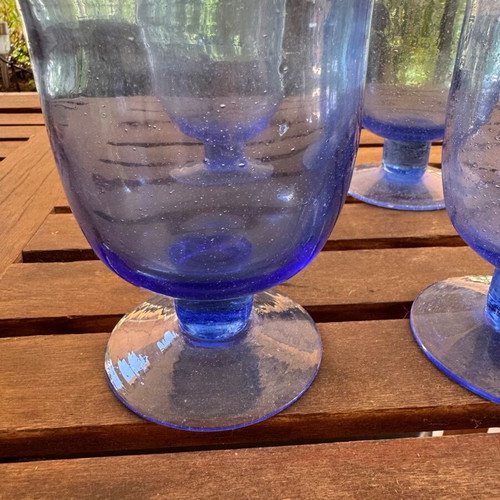 Set of 6 vintage blue bubble glass water wine juice glasses