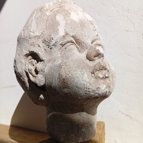 Plaster Head Sculpture on Wooden Base 23 cm, used