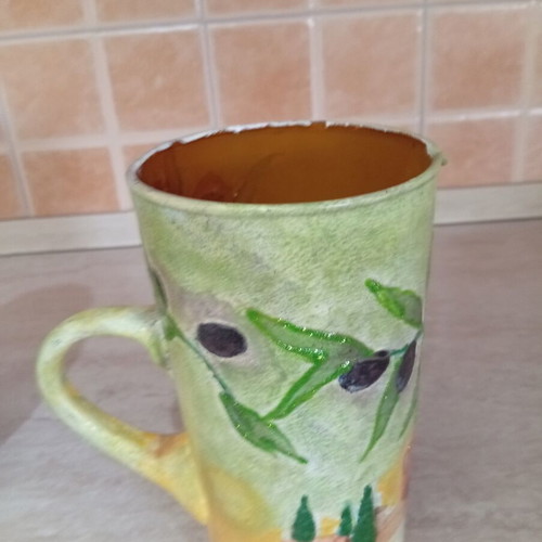 Handmade decoupage glass pitcher with olive design