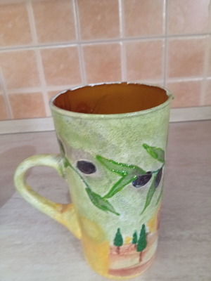 Handmade decoupage glass pitcher with olive design