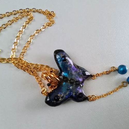 Handmade butterfly necklace blue new with gold chain