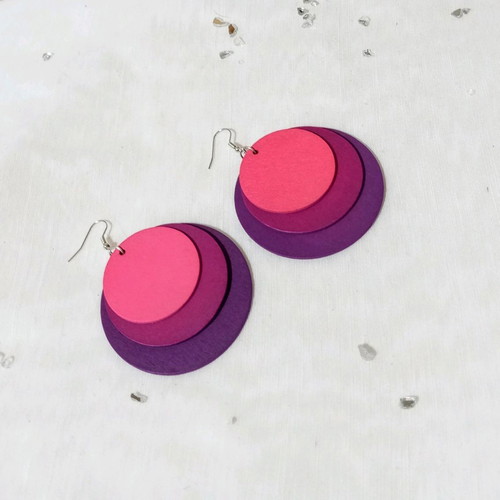 Wooden earrings large triple, new, magenta shades