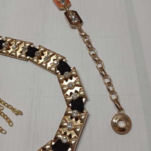 Women's chain belt used, adjustable, gold metal with black fabric and rhinestones