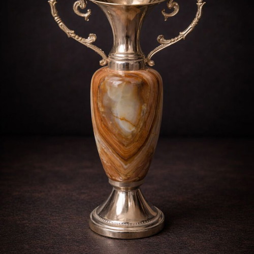 Decorative vintage amphora from onyx and brass like new, 23cm