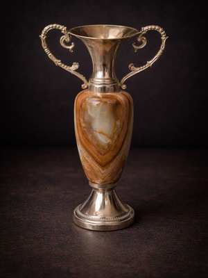 Decorative vintage amphora from onyx and brass like new, 23cm