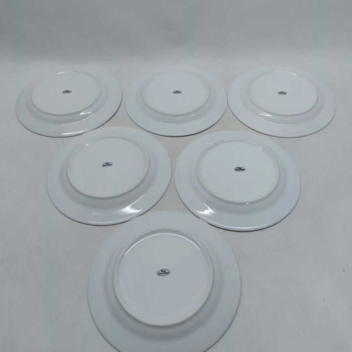 Set of 6 small porcelain shallow serving plates used with pink and green details 19.5cm