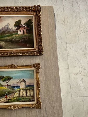 Vintage ελαιογραφίες σε καμβά σετ 2 με χειροποίητες χρυσαφί κορνίζες μεταχειρισμένες