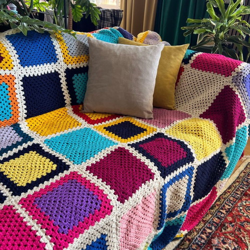 Handmade knitted patchwork blanket throw multicolor new