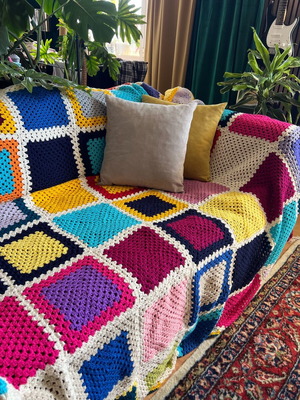 Handmade knitted patchwork blanket throw multicolor new