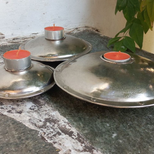 Metal candlesticks set used, 3 pieces, Indian style