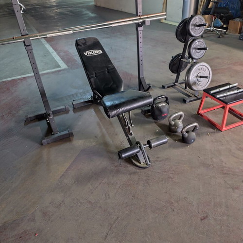 Home Gym Set like new with Viking bench, weights, kettlebells, plyo box