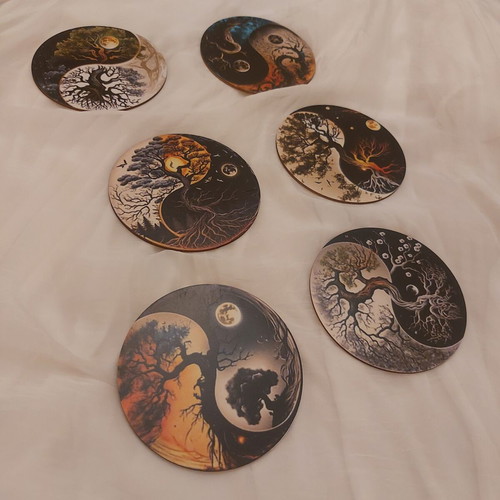 Tree of Life Yin Yang Wooden Coaster Set of 6 like new