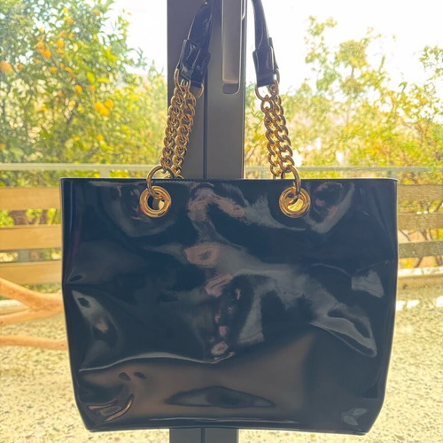 DKNY black PVC shoulder tote handbag with golden chain like new