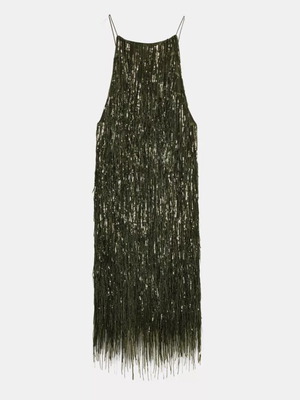 Dress dark green with fringes and sequins XS new by Zara