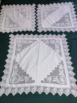 Vintage 60s Set of 3 Handmade Tablecloth and Doilies with Filet Lace Tulips