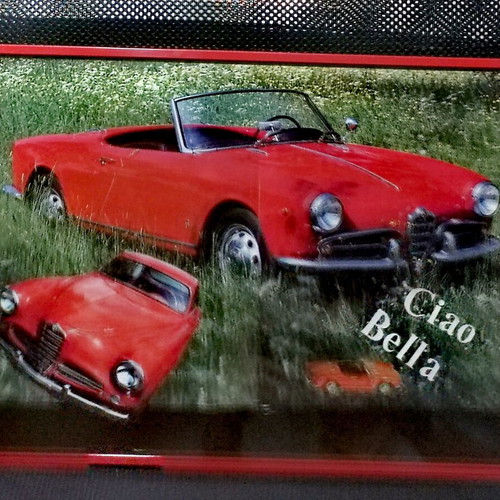 Alfa Romeo Giulietta Spider retro poster "Ciao Bella" with frame and protective glass