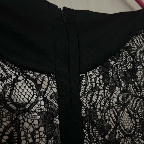 Evening dress knee-length black with sewn lace on champagne fabric like new