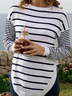 Prenatal knitted maternity blouse white striped, M