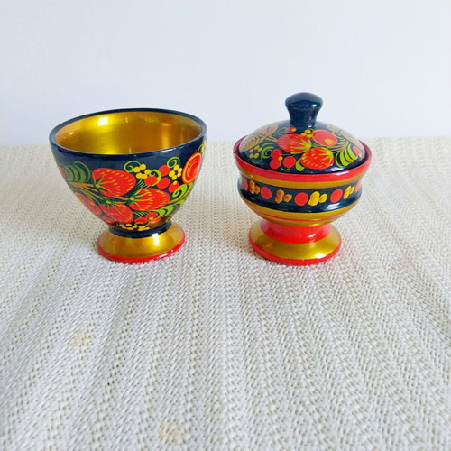Vintage Russian Khokhloma wooden set like new, bowl and lidded box