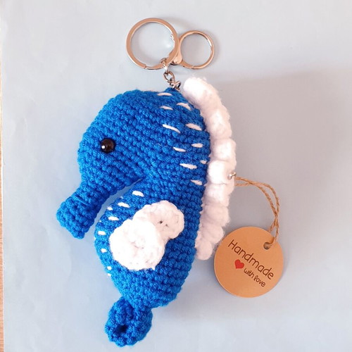 Seahorse Crochet Charm Keychain Blue New