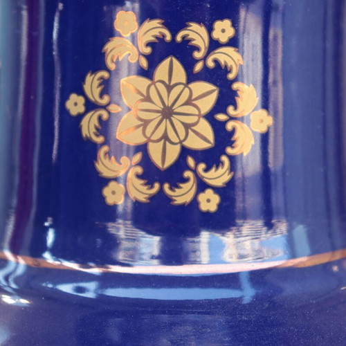 Large German Porcelain Floor Vase Cobalt Blue with Gold Decoration and Romantic Scene