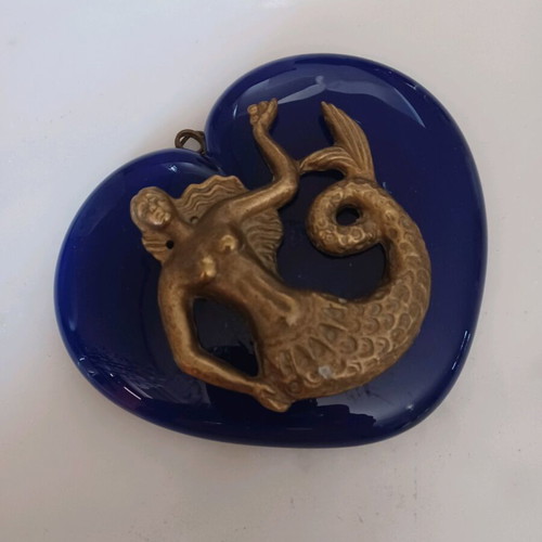 Good luck charm made of blown glass with bronze mermaid like new