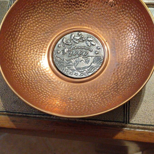 Decorative hammered copper bowl plate by Ilias Lalaounis, new