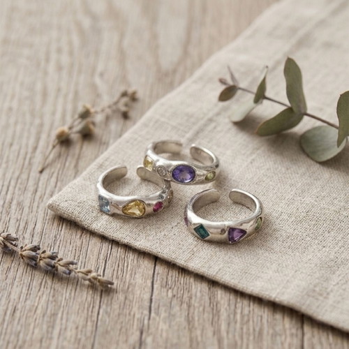 Vintage Atelier women's chunky adjustable rings set of 3, multicolor silver