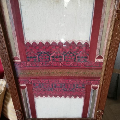 Handmade framed textile paintings with embroidery from 100-year-old costumes