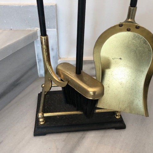 Fireplace set used with stand, 3 iron and brass tools