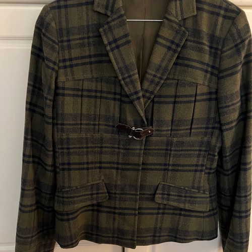 Sisley checked mid-length jacket used, olive and blue, wool
