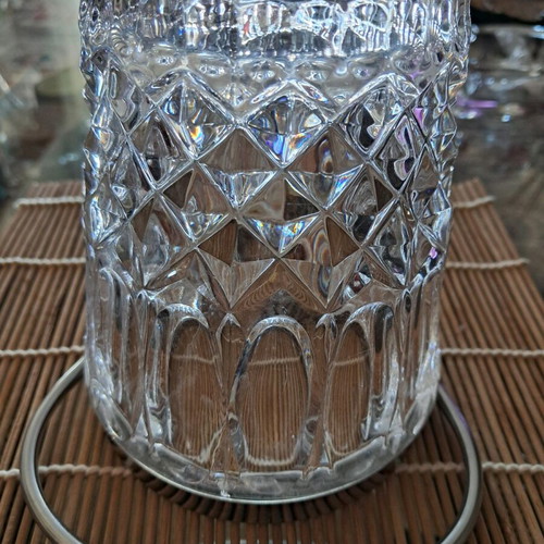 Vintage crystal ice bucket used with stainless steel rim and handle