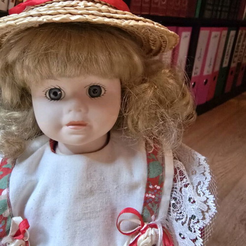 Glass doll country style like new with romantic dress