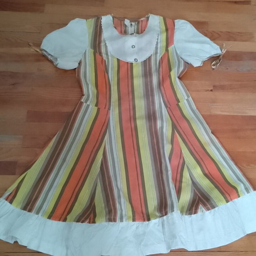 1970s striped dress with bib front and puff sleeves used