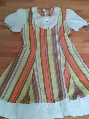 1970s striped dress with bib front and puff sleeves used