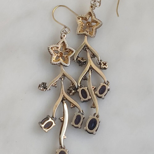 925 Silver and 9k Gold Earrings with Tanzanite and Old-Cut Diamonds, 7 cm