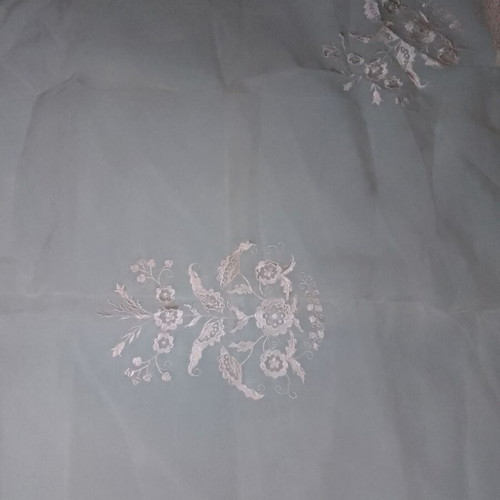Large pink salmon silk tablecloth with embroidery and lace