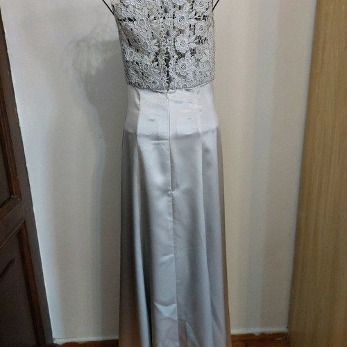 Formal long evening dress silver lace and satin small like new