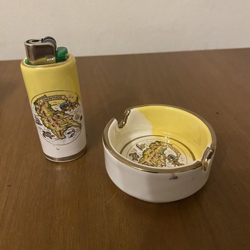 Vintage Zakynthos Set with 2 Ceramic Ashtrays and Refillable Lighter
