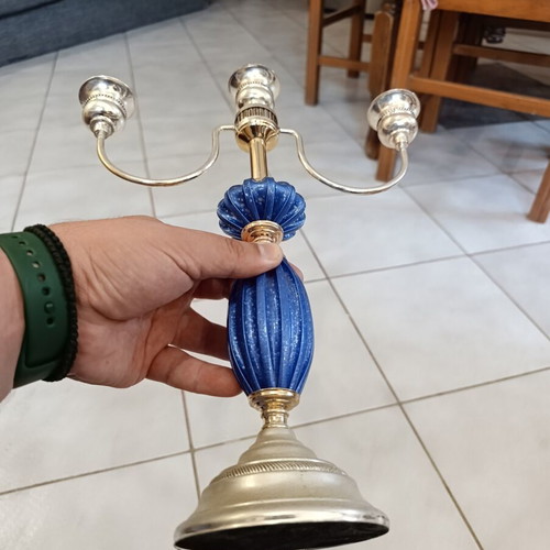Vintage three-arm candlestick with blue detail