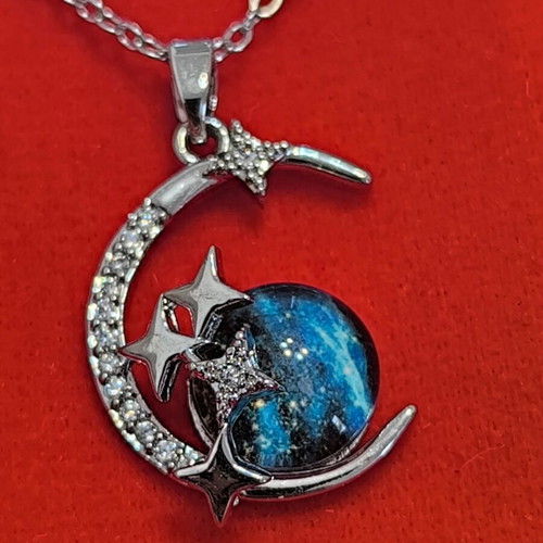 Moon and Stars Necklace with Blue Galaxy Stone, new, silver color