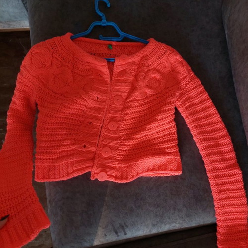 Benetton knitted kids cardigan used, bright coral, size 158 cm