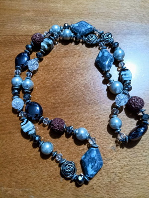 Women's handmade long necklace with lava stones and silver roses, new