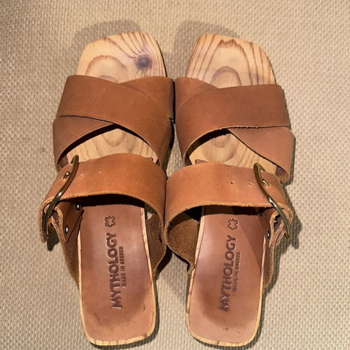 Mythology Tan Leather Clogs Like New With Buckle And Studs