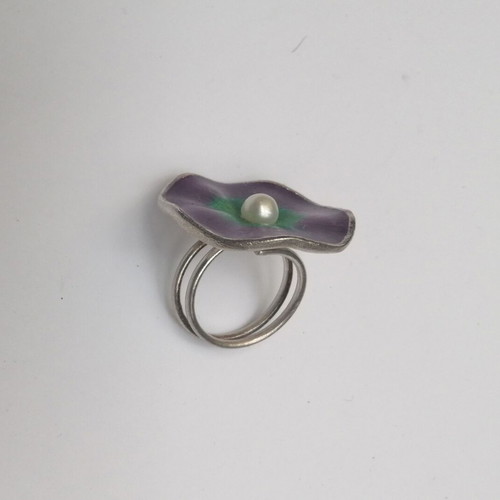Handmade ring silver 985 with permanent enamel and cultured pearl