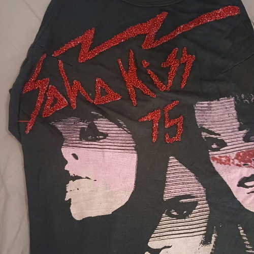 Religion T Shirt gray with straps, beads and glitter like new