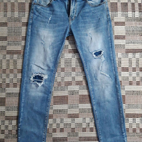 Distressed elastic regular-fit jeans like new, men's, blue
