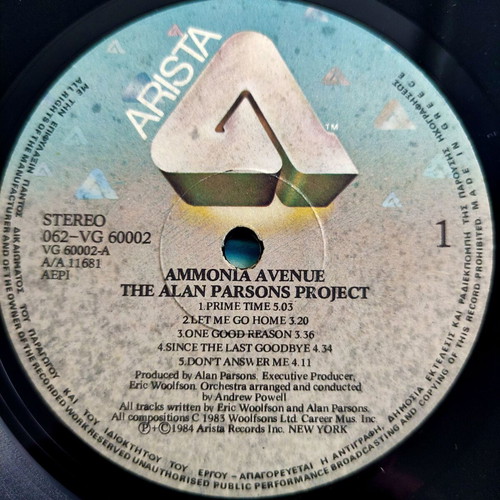 Alan Parsons Project Ammonia Avenue 12'' LP used, rock