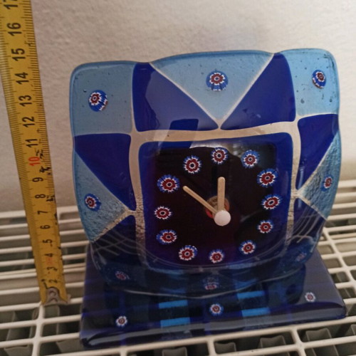 Venetian table clock used, blown glass blue with flowers